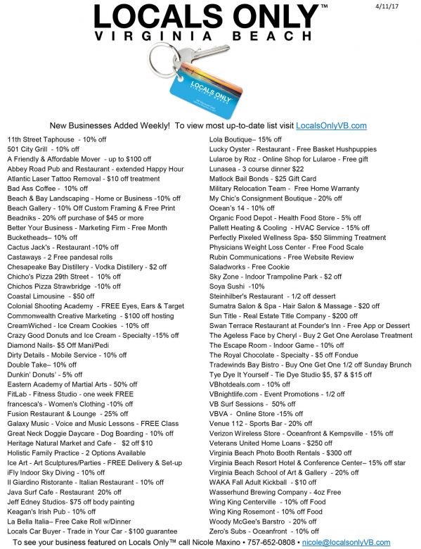 Locals Only Virginia Beach Participating Discounts