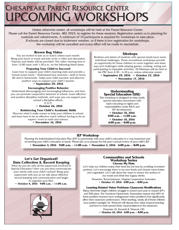 Chesapeake Parent Resource Center Upcoming Workshops Chesapeake Parent Resource Center Upcoming Workshops