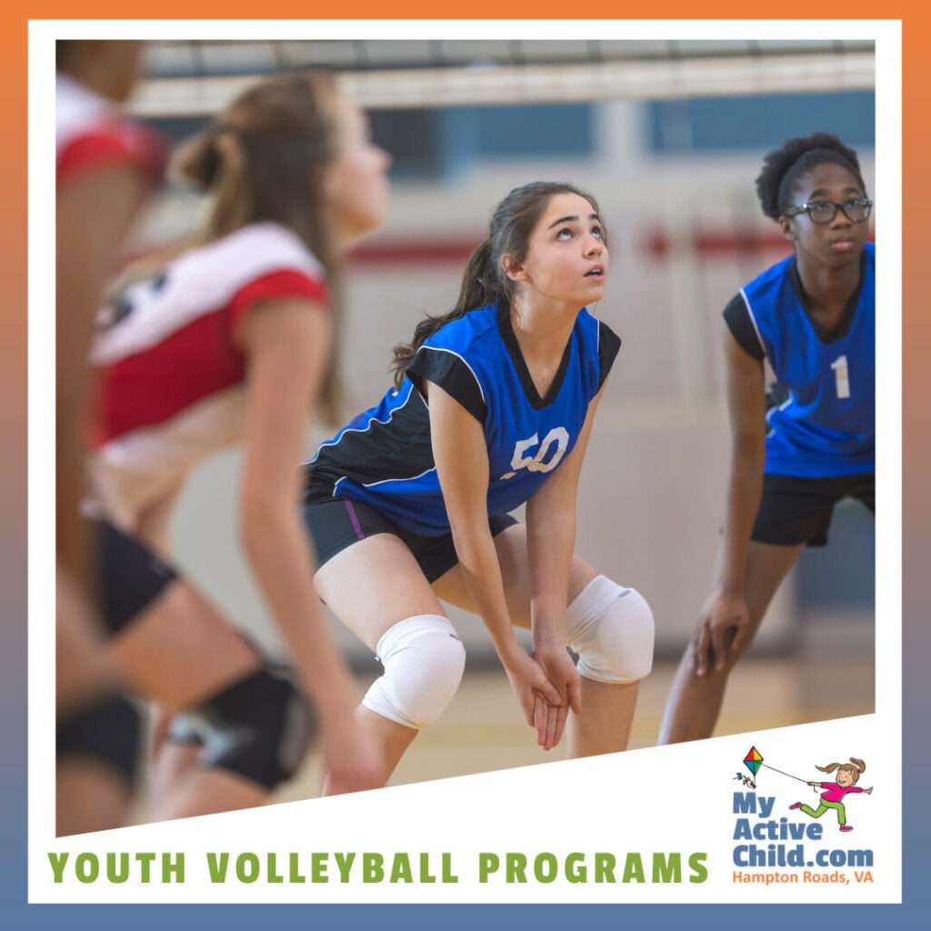 Young athletes playing a volleyball game - illustrating Youth Volleyball in Hampton Roads