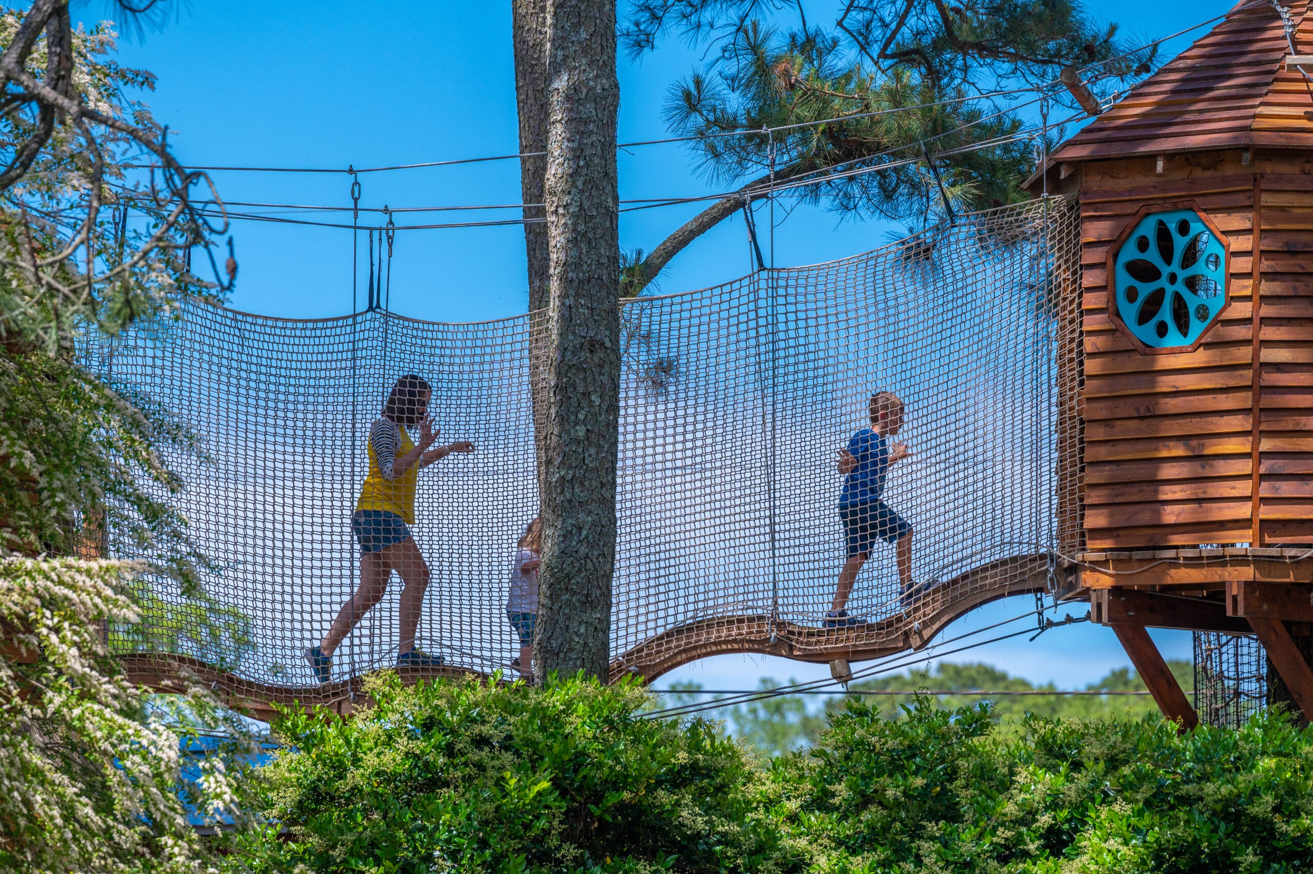 Image shows two children walking through a net enclosured walkway toward a treehouse as they explore the Treewalk adventure at Hunt Club Farm in Virginia Beach
