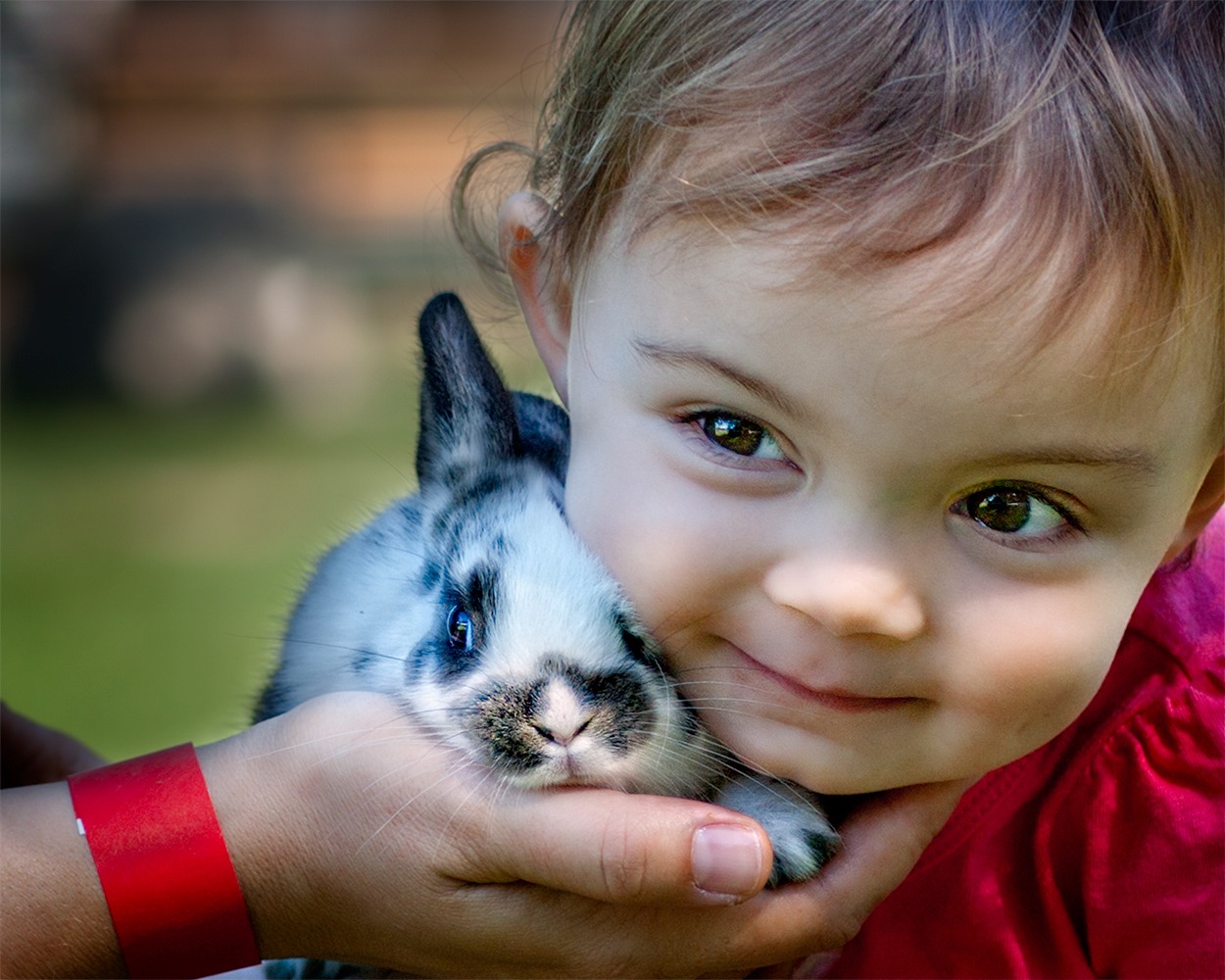 2018 baby girl with baby bunny next to face close up
