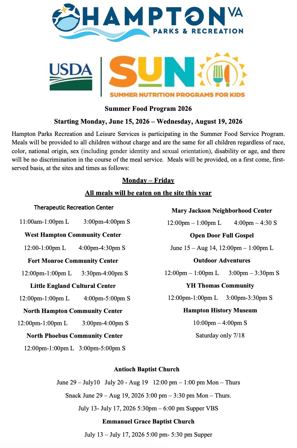 Hampton VA Summer Meals 2026