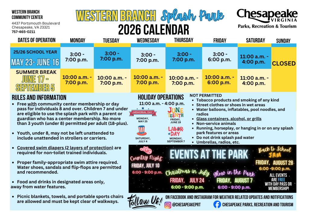Western Branch Splash Park 2026 Calendar Chesaeake