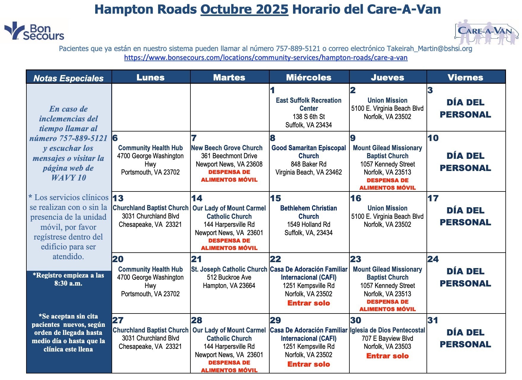 October 2025 Care-A-Van Calendar