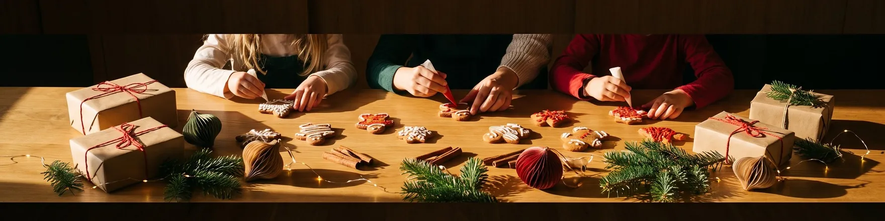 Children decorating holiday cookies at a table with wrapped gifts and greenery