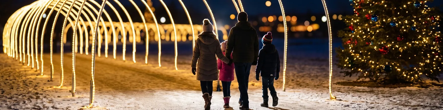 Family walking through a glowing arch of holiday lights at night