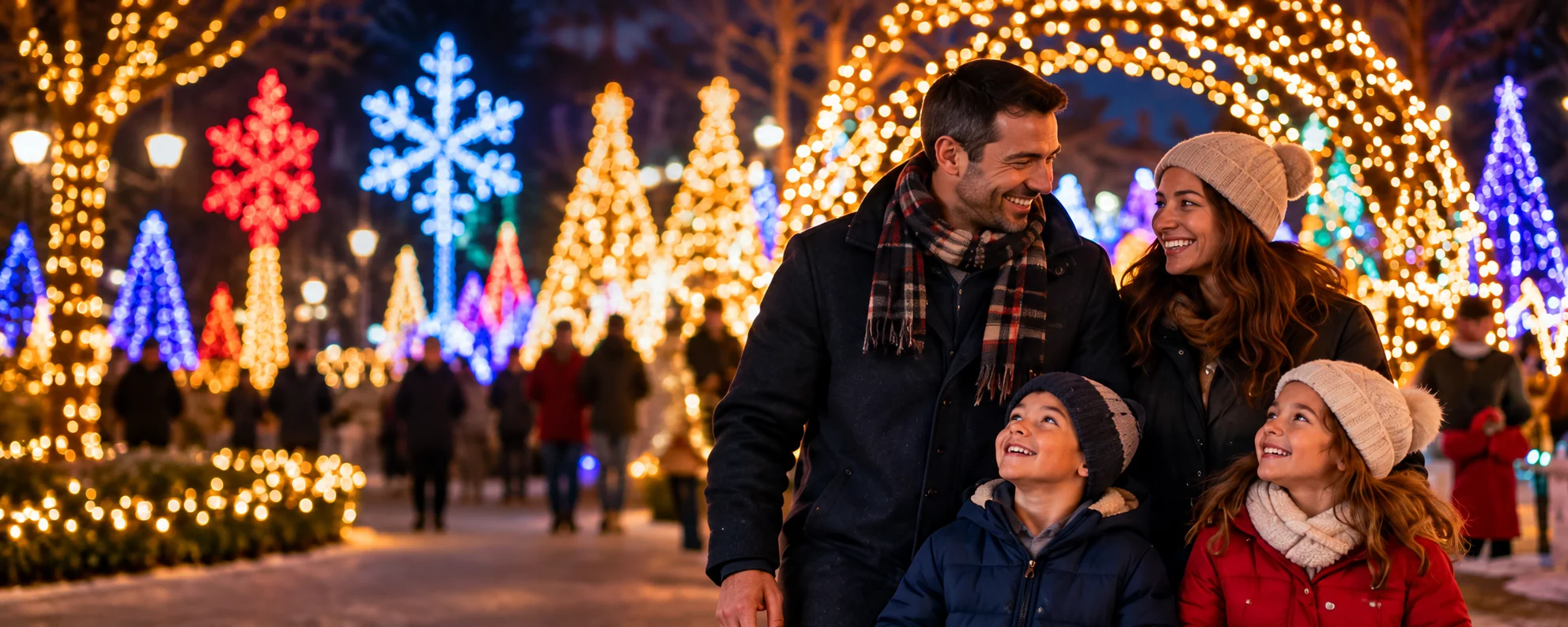 Family walking through a glowing holiday light arch at night